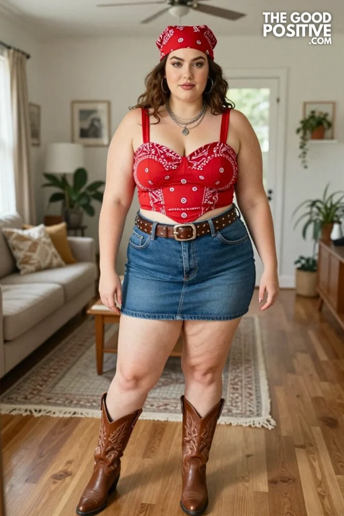 Plus Size Bandana Print Bustier Top With High-Waist Denim Mini Skirt Outfit