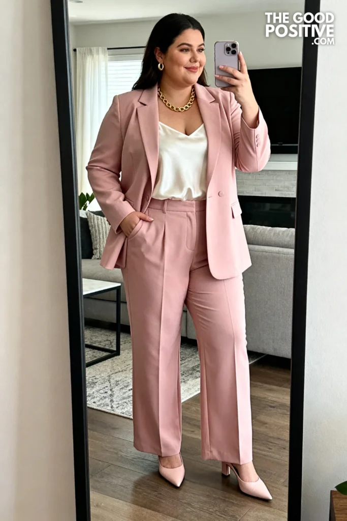 Plus Size Blush Pink Tailored Pantsuit Church Outfit