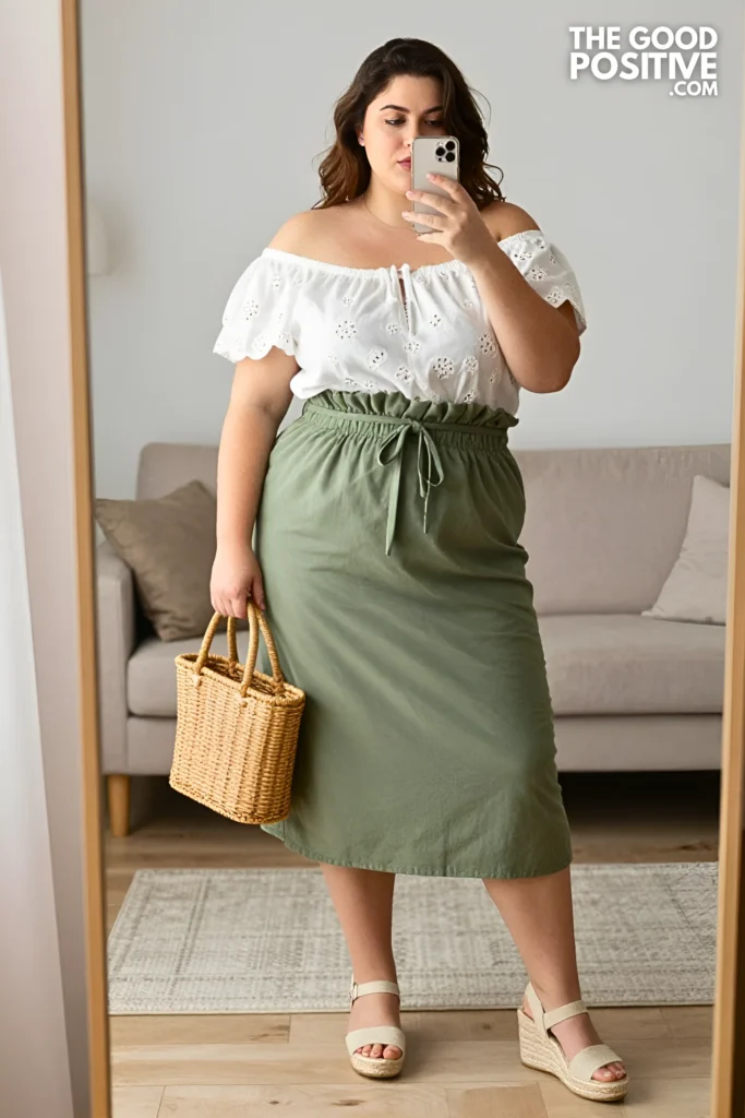 Plus Size Broderie Anglaise Off-Shoulder Top With Paperbag Waist Midi Skirt Boho Outfit