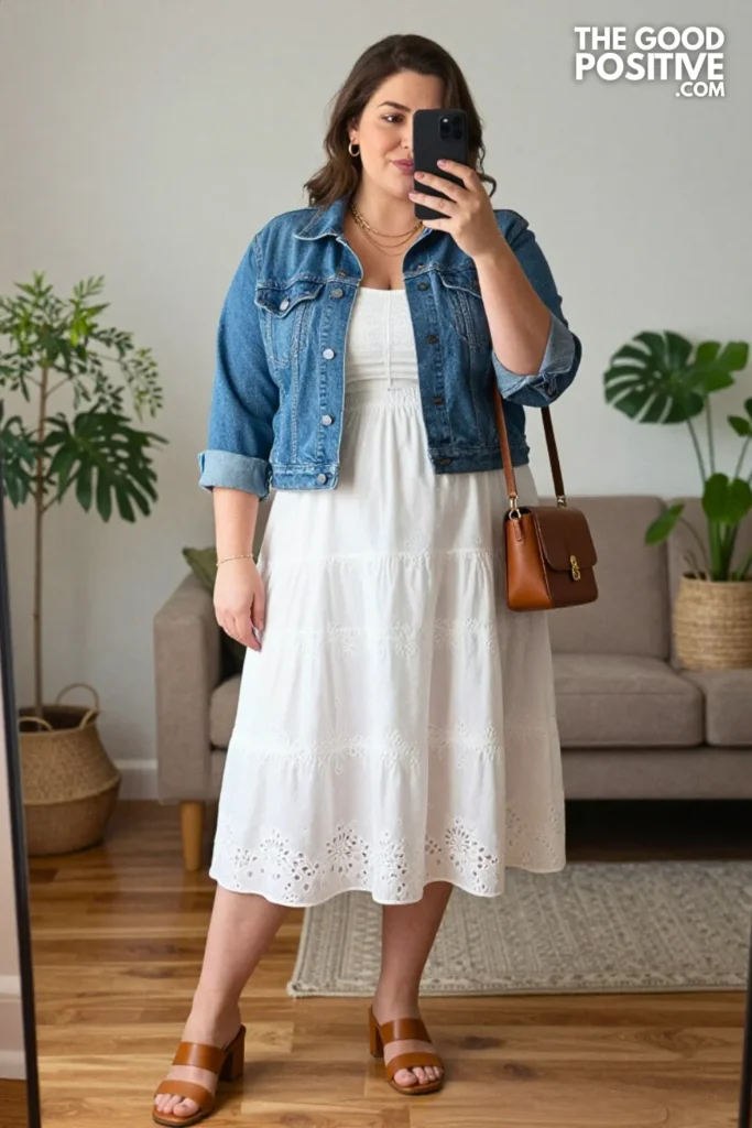 Plus Size Broderie Anglaise Sundress With Denim Jacket Outfit