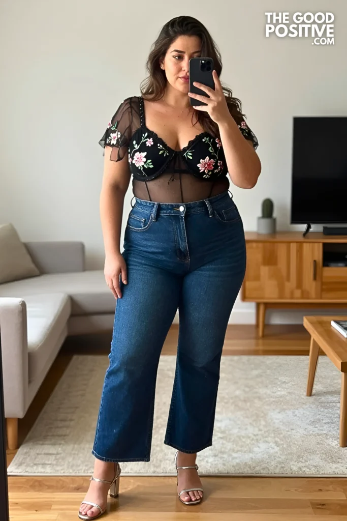 Plus Size Cami Top With Sheer Embroidered Overlay And Wide-Leg Jeans Evening Outfit