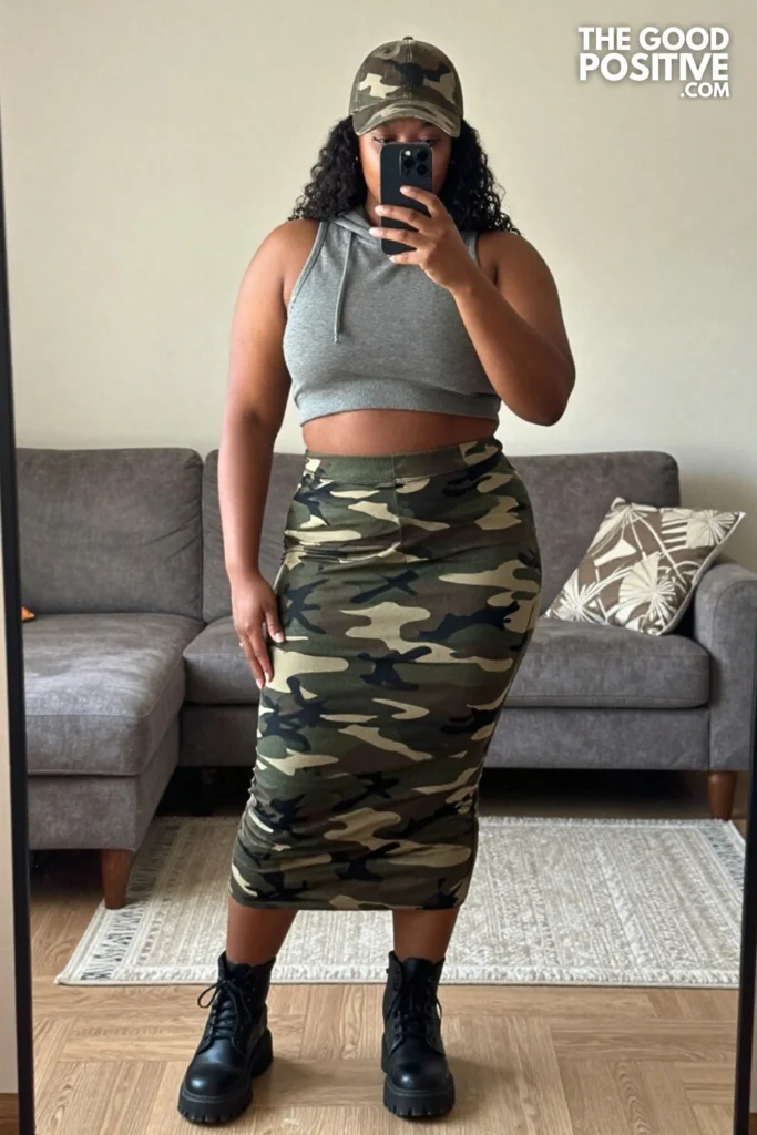 Plus Size Camo Print Tube Skirt With Crop Hoodie Outfit