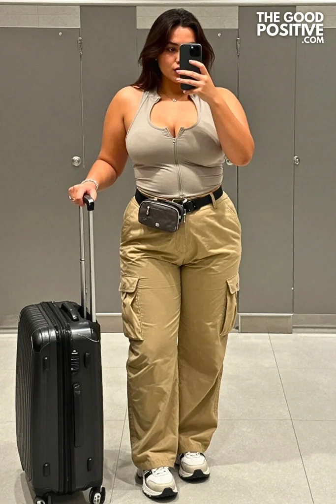 Plus Size Cargo Pants With Fitted Cropped Hoodie And Sneakers Outfit