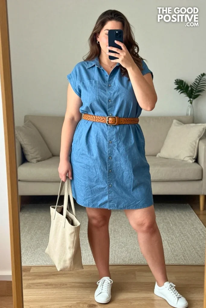 Plus Size Chambray Shirt Dress With Belt Outfit For Casual Summer Days