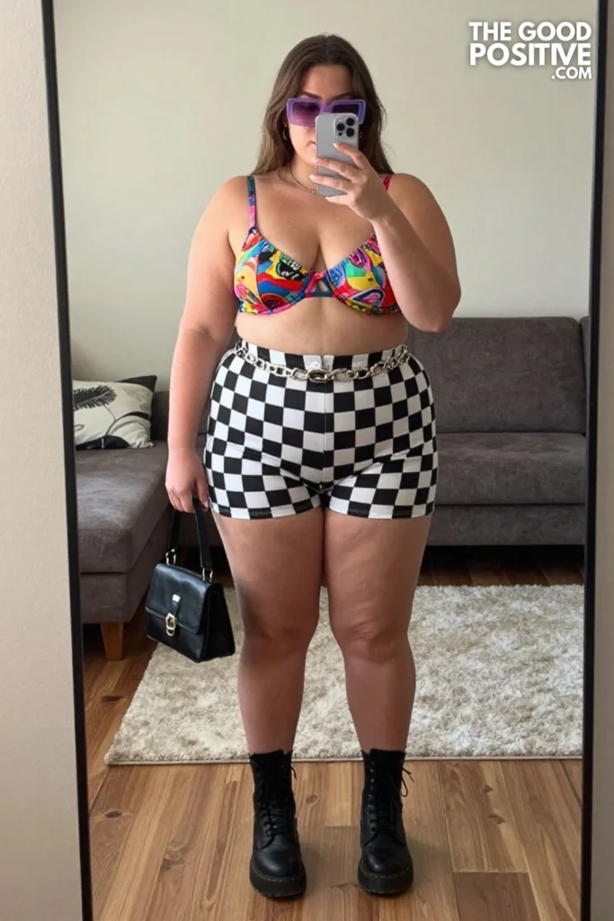 Plus Size Checkered Micro Shorts With Graphic Corset Bra Top Outfit