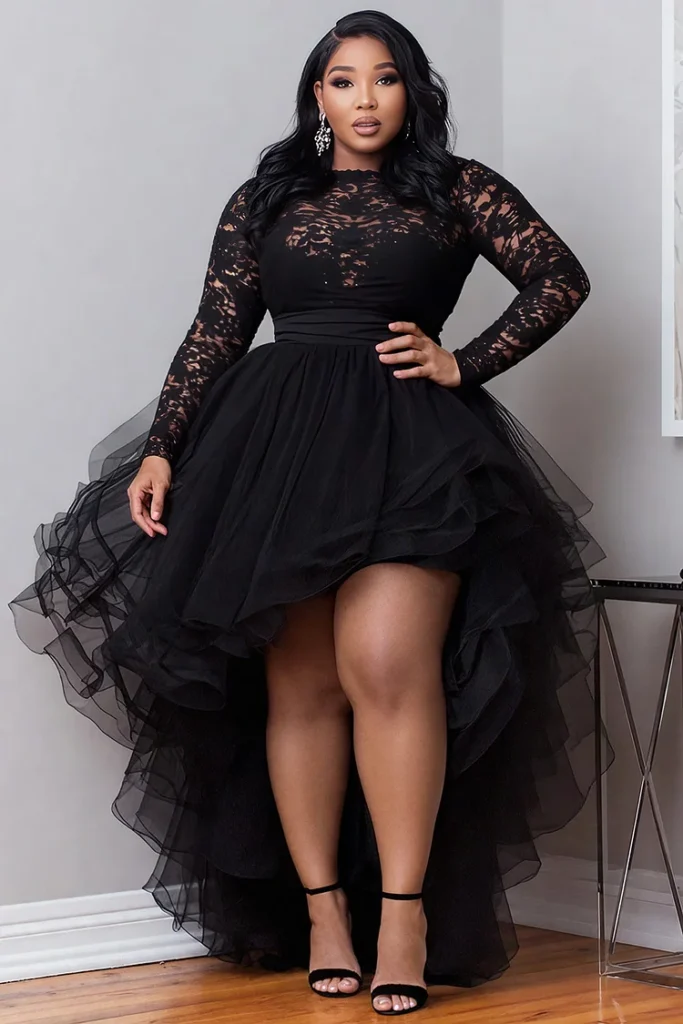 Plus Size Cocktail Party Black Round Neck Long Sleeve High Low Hem Elegant Ruffle Tulle Lace Mini Dress