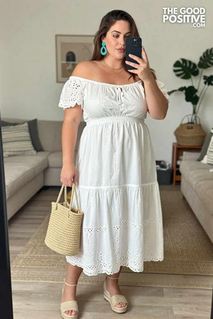Plus Size Cold Shoulder Eyelet Cotton Dress Outfit