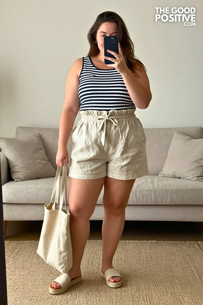 Plus Size Cold-Shoulder Striped Top With High-Waist Paperbag Shorts Casual Summer Outfit