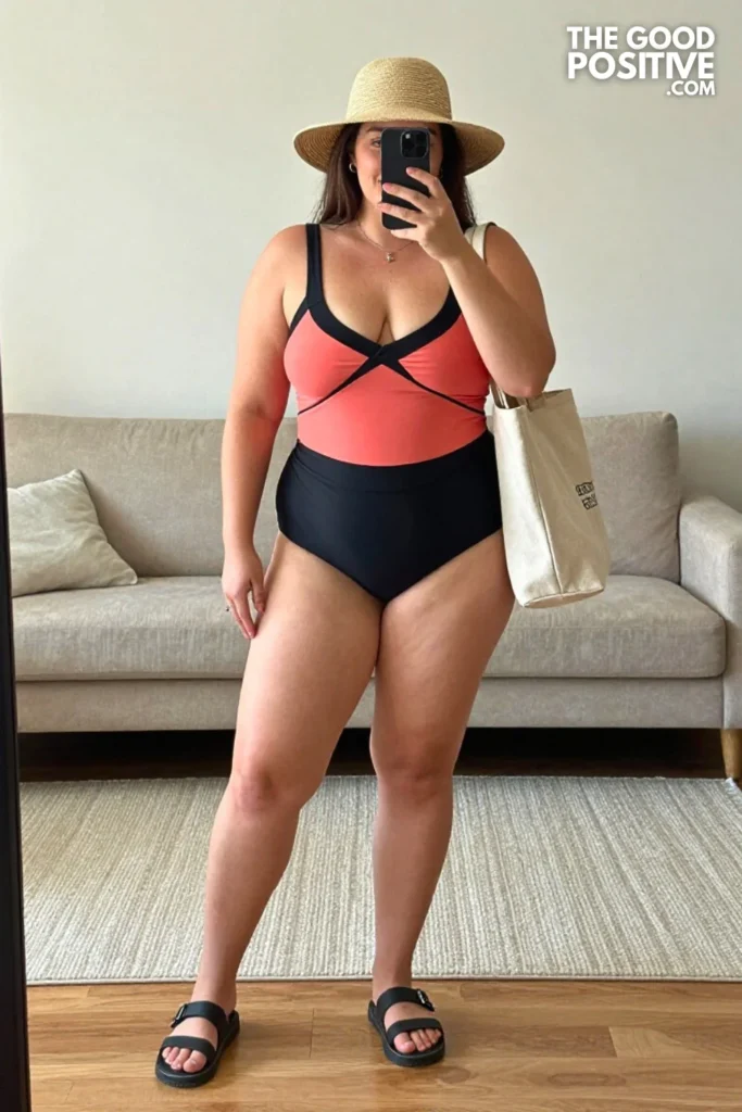 Plus Size Colorblock Swim Dress With Bike Shorts Outfit For The Pool