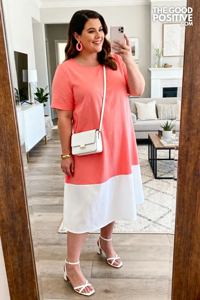 Plus Size Coral And White Color Block Midi Dress Church Outfit