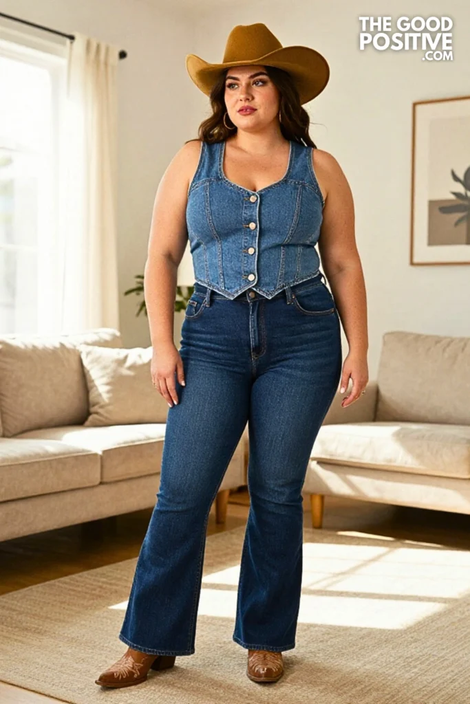 Plus Size Country Chic Denim Corset Vest With Flare Jeans Outfit