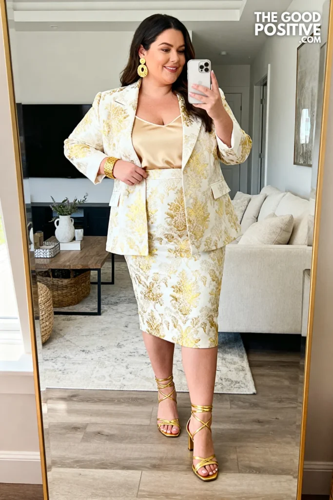 Plus Size Cream And Gold Brocade Skirt Suit Church Outfit