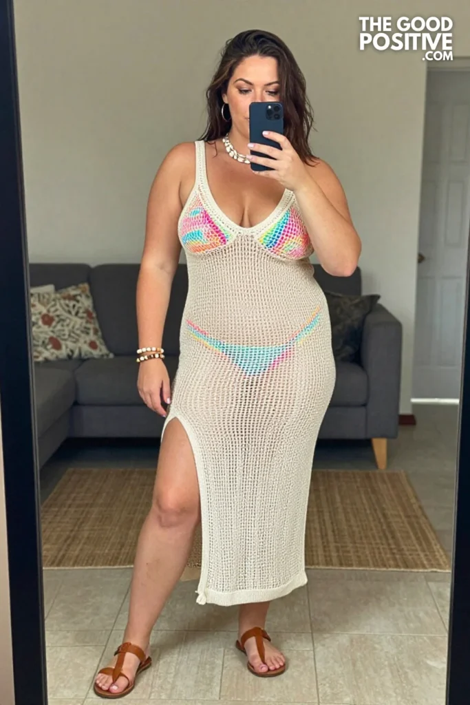 Plus Size Crochet Cover-Up Dress Over Swimsuit Outfit For Beach Days