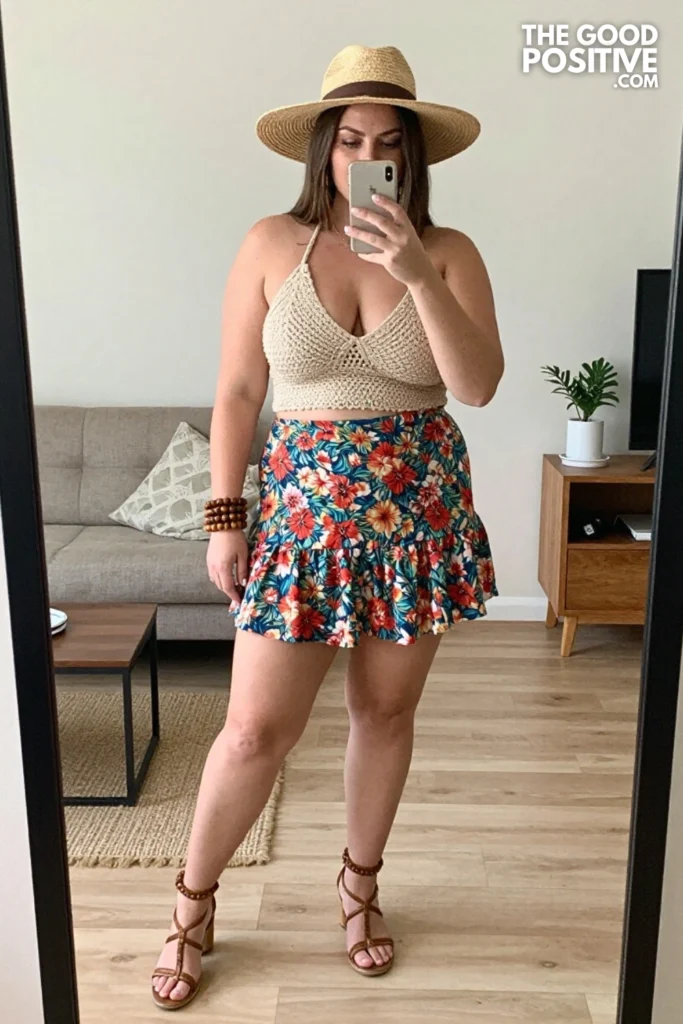Plus Size Crochet Halter Top With Floral Mini Skirt Outfit
