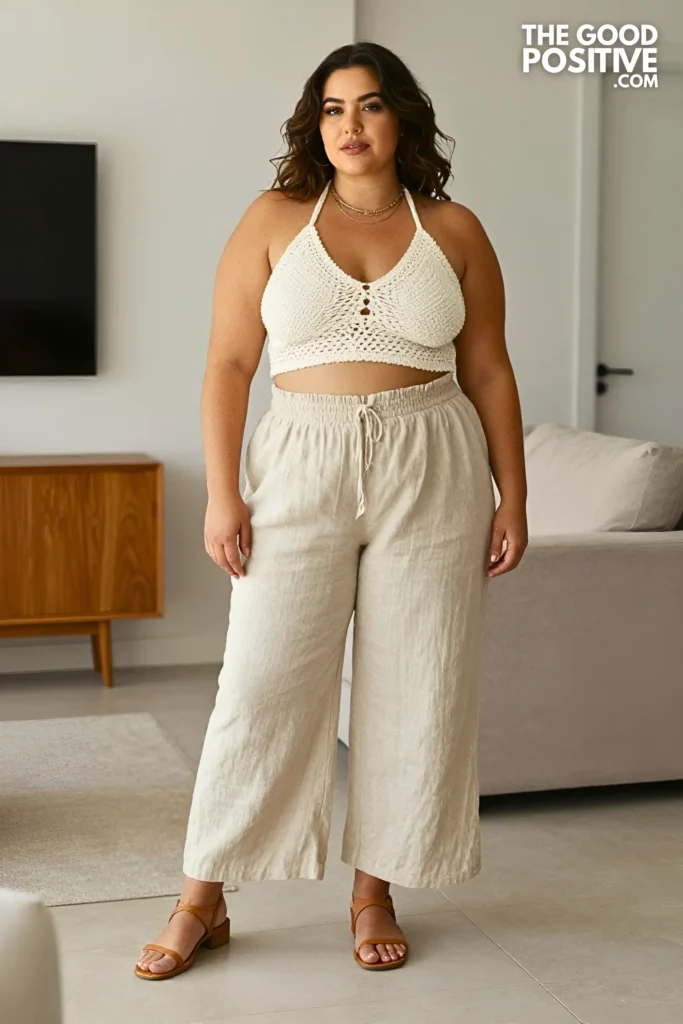 Plus Size Crochet Halter Top With High-Waist Linen Wide-Leg Pants Vacation Outfit