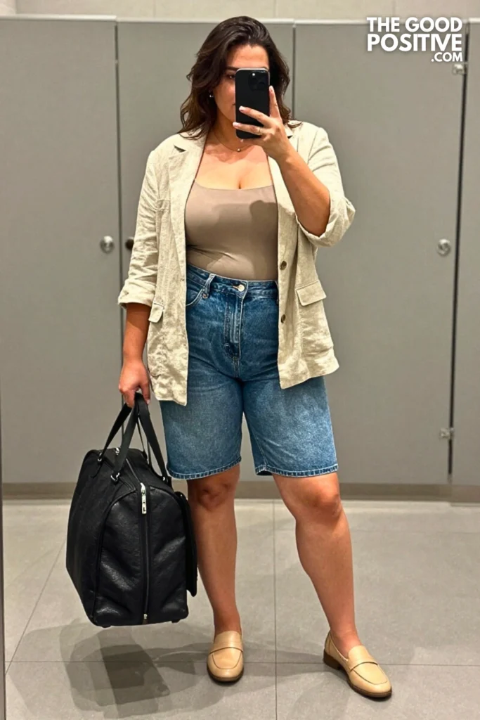 Plus Size Denim Bermuda Shorts With Linen Blazer And Bodysuit Outfit