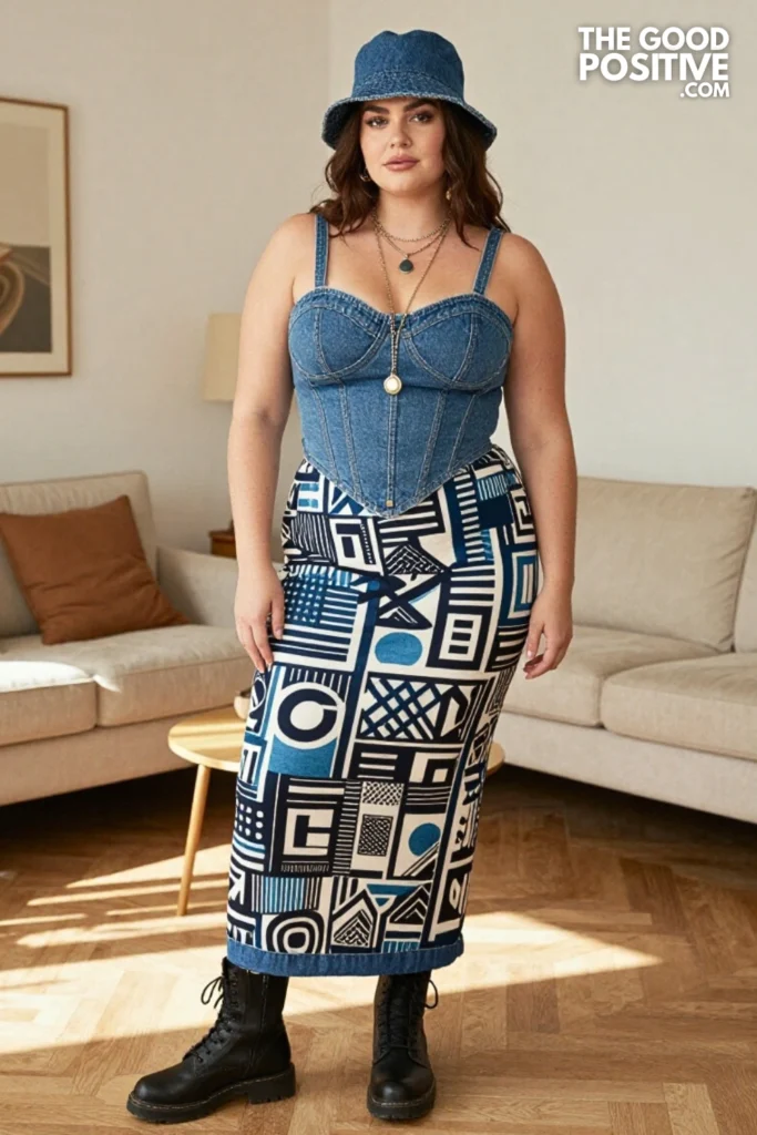 Plus Size Denim Corset Top With Printed Maxi Skirt Outfit