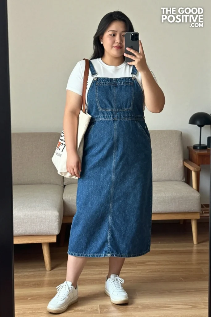 Plus Size Denim Pinafore Dress With Cap Sleeve Top Outfit