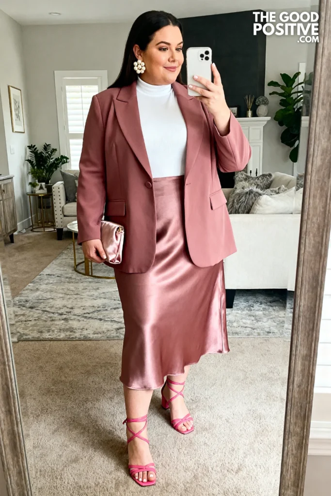 Plus Size Dusty Rose Satin Midi Skirt And Blazer Outfit