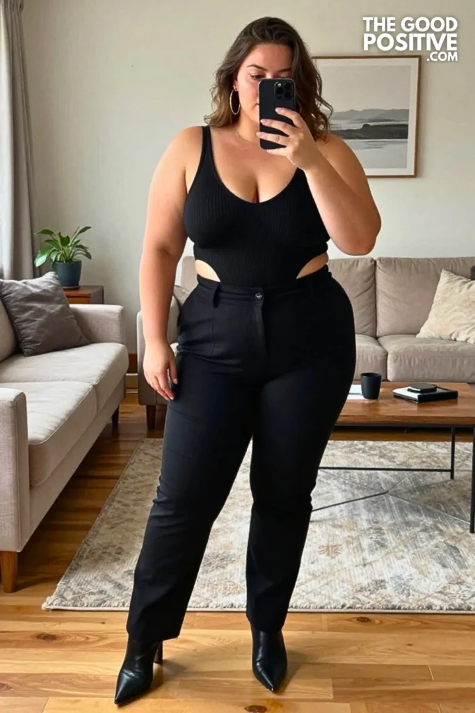 Plus Size Edgy Cut-Out Bodysuit With Tailored Trousers Outfit