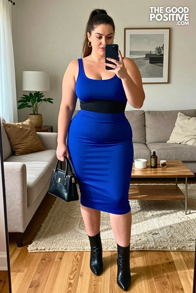 Plus Size Edgy Two-Tone Color Block Bodycon Midi Dress Outfit