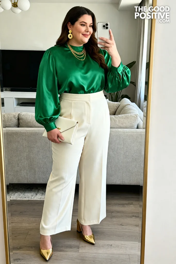 Plus Size Emerald Green Satin Blouse And Wide-Leg Trouser Church Outfit