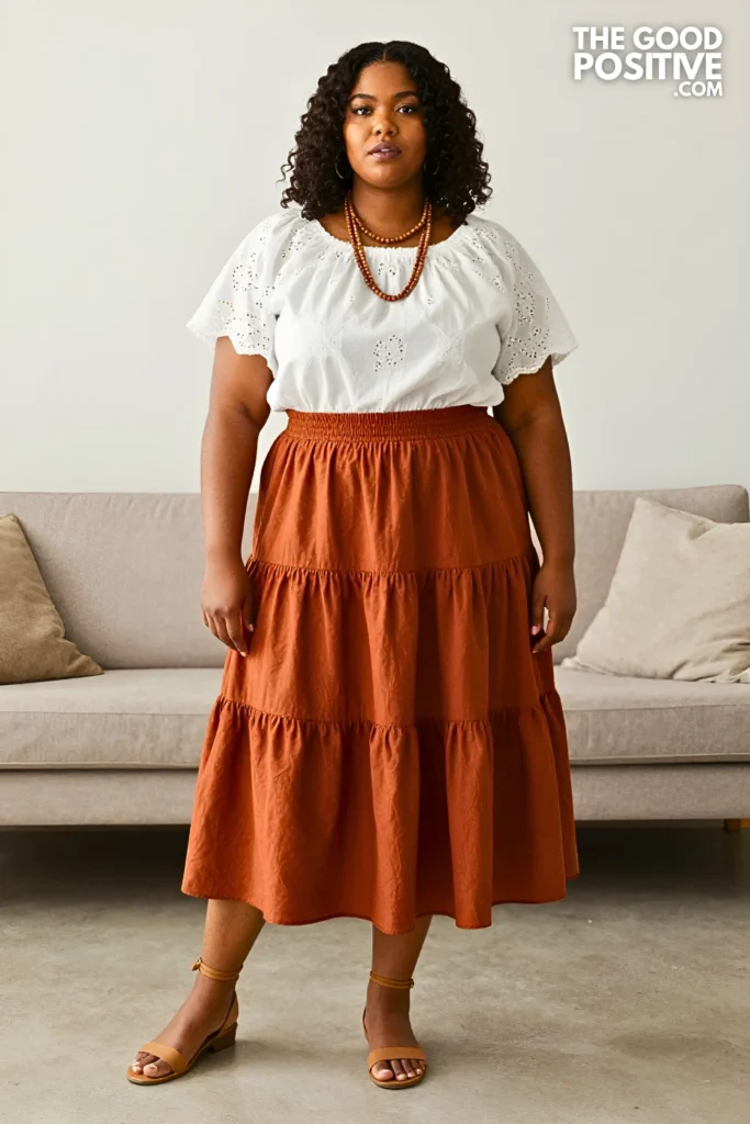 Plus Size Eyelet Trim Peasant Blouse With High-Waist Tiered Midi Skirt Boho Festival Outfit