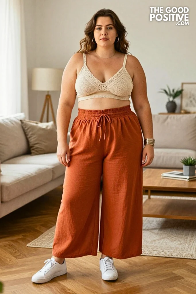Plus Size Festival Boho Crochet Bralette With Wide Palazzo Pants Outfit