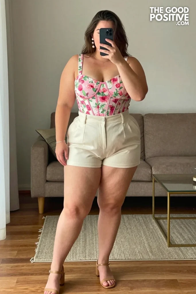 Plus Size Floral Corset-Style Top With High-Waist Shorts Outfit