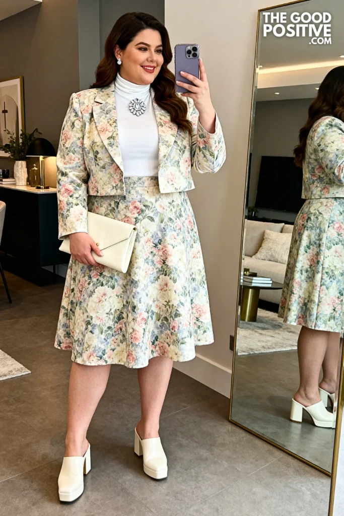 Plus Size Floral Jacquard Skirt And Blazer Church Outfit