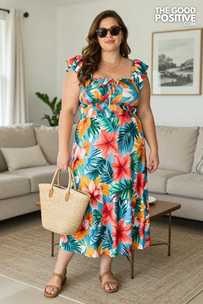 Plus Size Floral Smocked Bodice Sundress Outfit