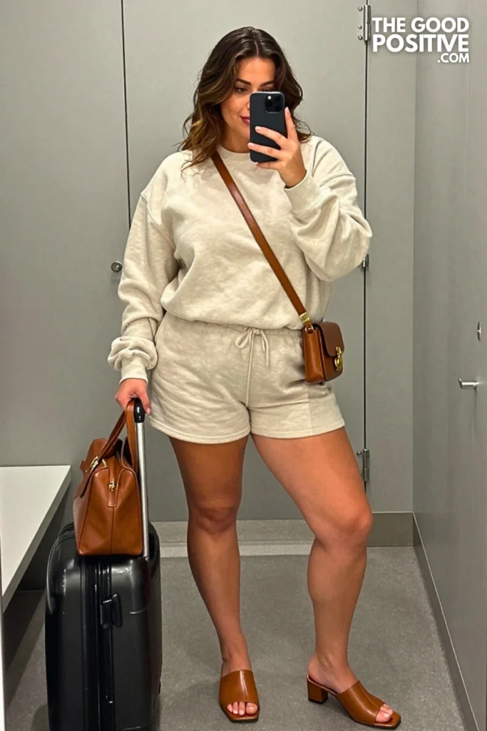 Plus Size French Terry Shorts With Oversized Crewneck And Mules Outfit