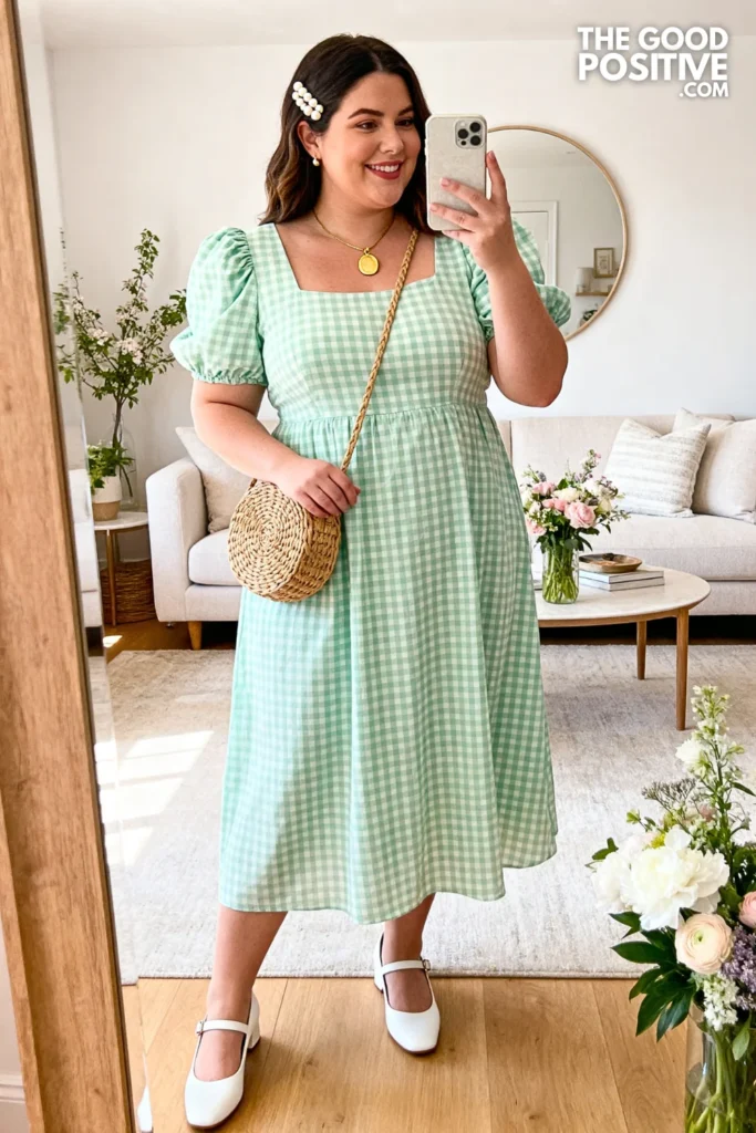 Plus Size Gingham Puff Sleeve Easter Dress