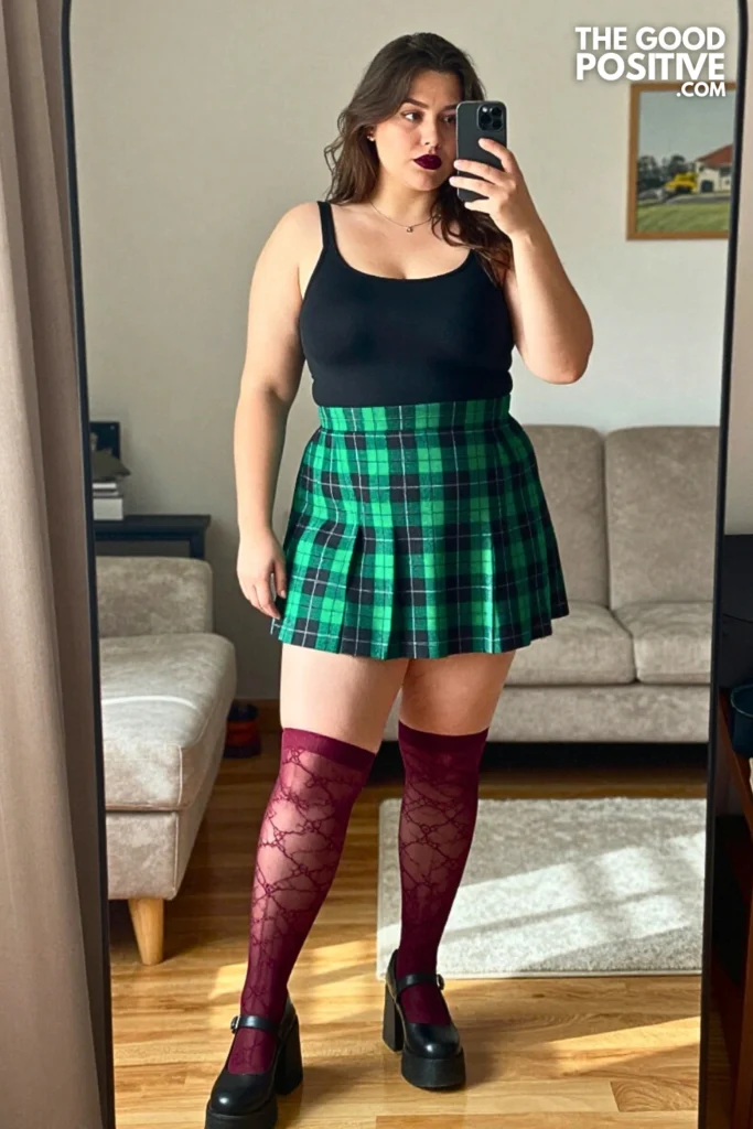 Plus Size Grunge Baby Doll Top With Plaid Mini Skirt Outfit