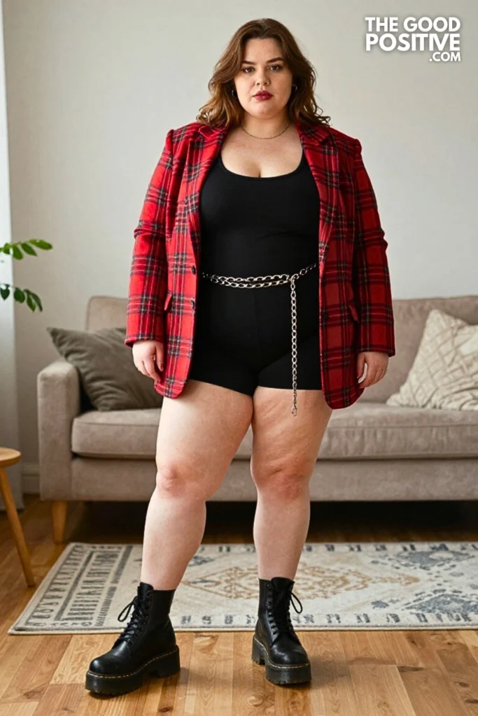 Plus Size Grunge Plaid Blazer With Bike Shorts and Chain Belt Outfit