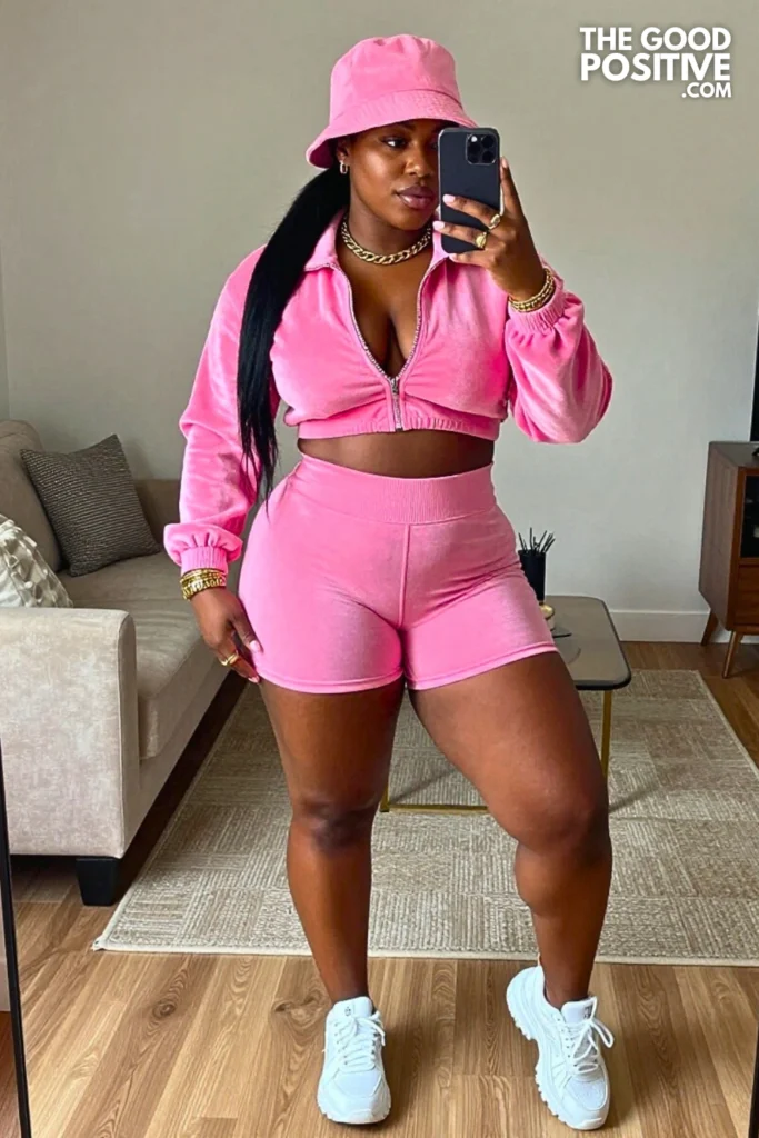 Plus Size Hip Hop Tracksuit Crop Jacket With Biker Shorts Outfit