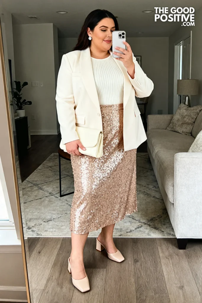 Plus Size Ivory And Champagne Sequin Skirt Church Brunch Outfit
