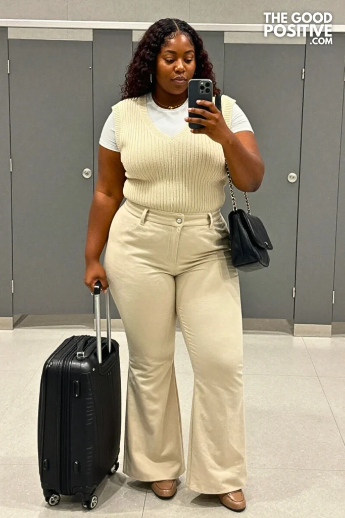 Plus Size Knit Vest Over Flare Trousers With Chain Bag Outfit