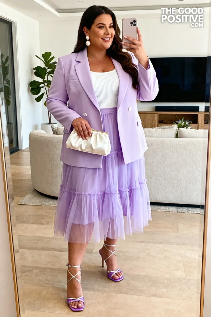 Plus Size Lilac Organza Tiered Skirt And Blazer Church Outfit