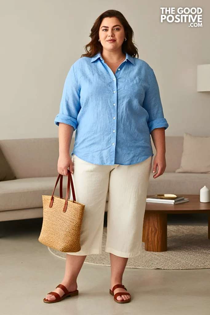 Plus Size Linen Button-Front Shirt With Rolled Sleeves And Culotte Pants Casual Outfit