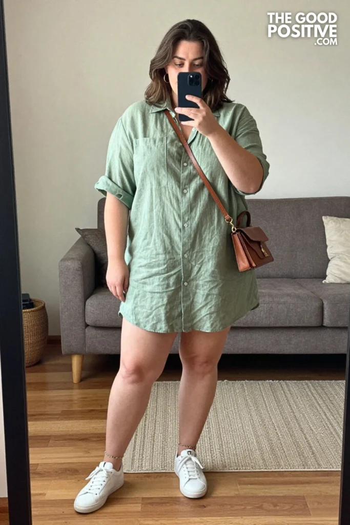 Plus Size Linen Shirt Dress With Rolled Sleeves Outfit
