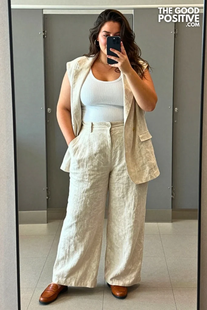 Plus Size Linen Wide-Leg Pants With Fitted Ribbed Tank Top Outfit