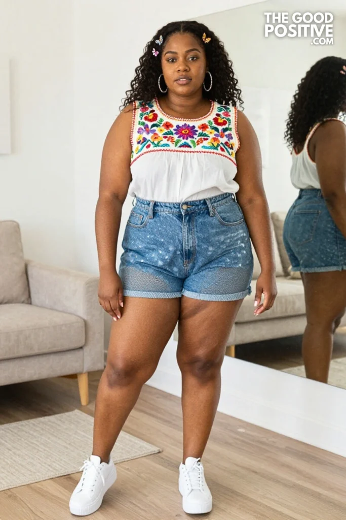 Plus Size Mesh Overlay Shorts With Embroidered Tank Top Outfit