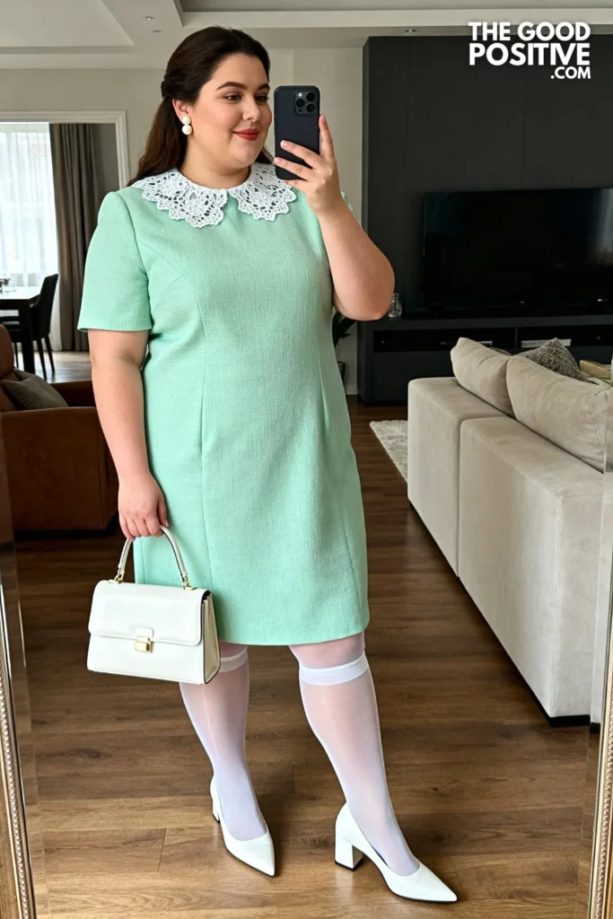 Plus Size Mint Green Shift Dress With Lace Collar Church Outfit