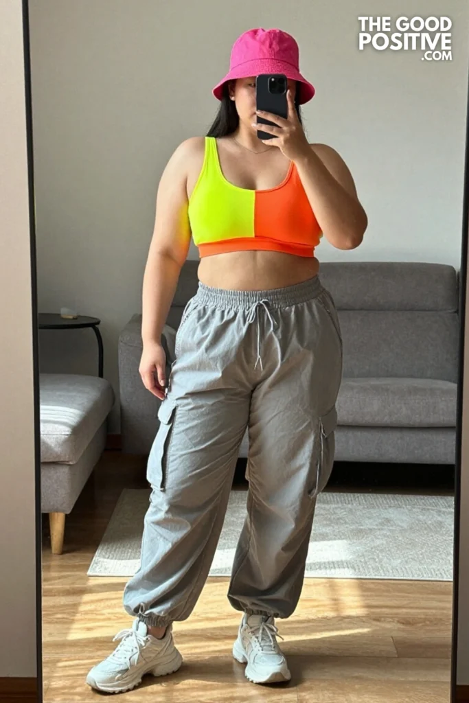 Plus Size Neon Color-Block Sports Bra With Cargo Jogger Pants Outfit