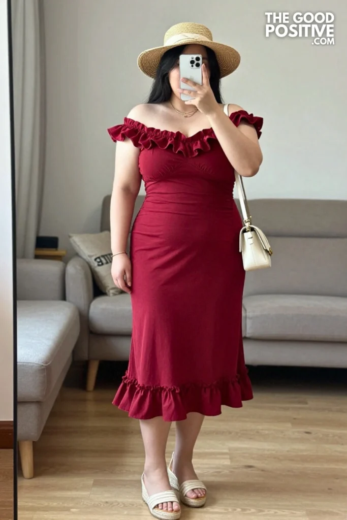 Plus Size Off-Shoulder Ruffle Trim Midi Dress Outfit