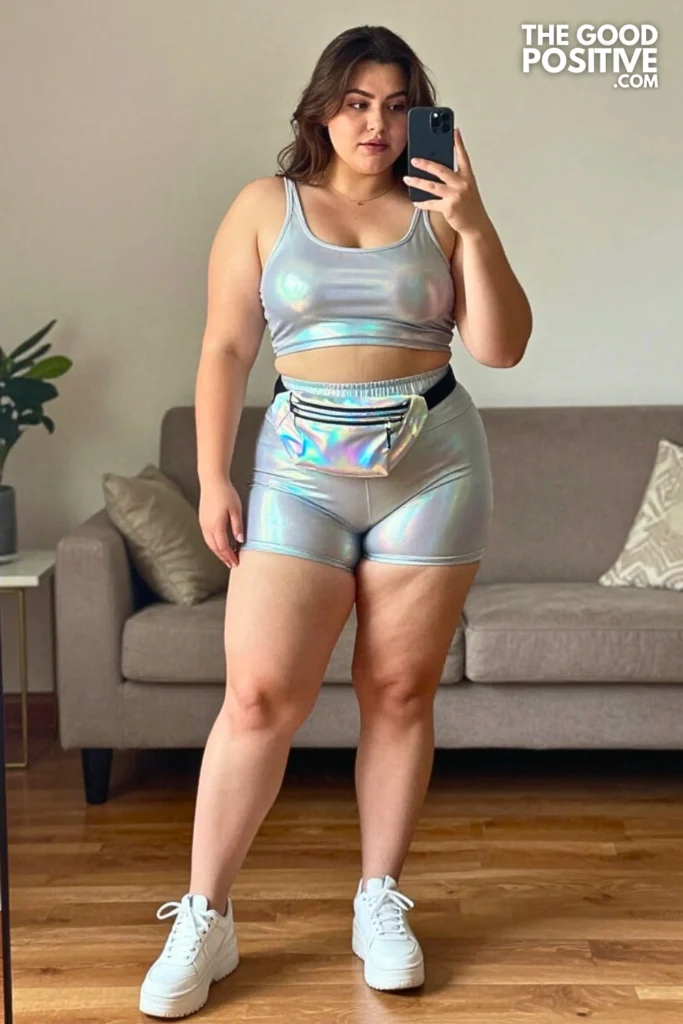 Plus Size Outdoor EDM Holographic Biker Shorts Set Outfit