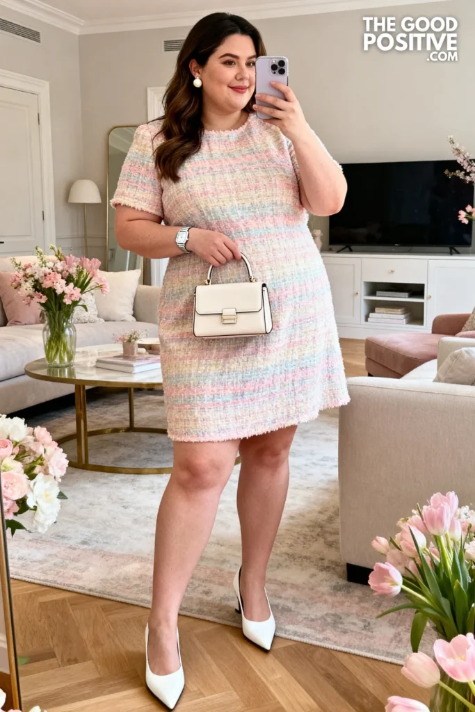 Plus Size Pastel Tweed Short Sleeve Easter Dress