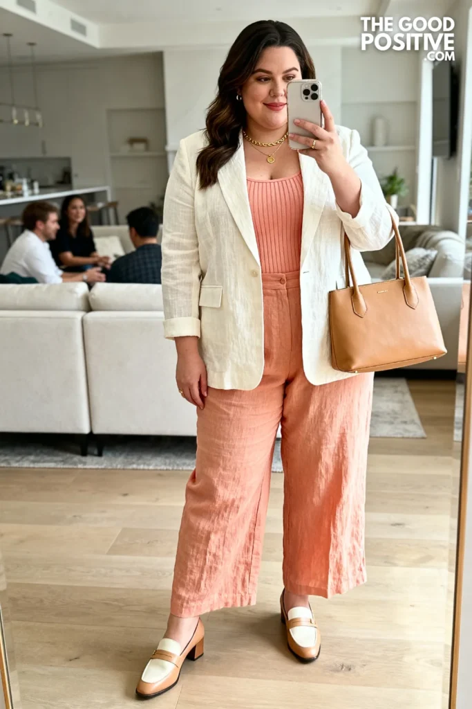Plus Size Peach And Ivory Linen Trouser Suit Church Outfit