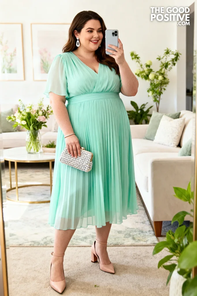 Plus Size Pleated Chiffon High-Neck Easter Dress